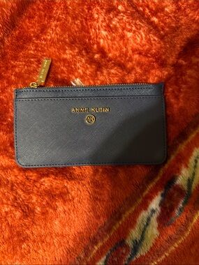 Anne Klein Dark Blue Zip Card Holder with Gold Hardware
